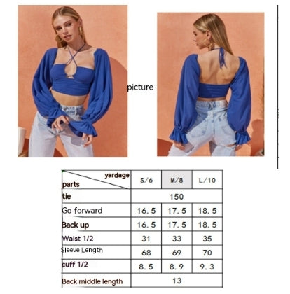 Blue Top Design Women's Fashionable Sexy Beach Lantern Sleeve Backless Halter Lace-up Hot Girl Top
