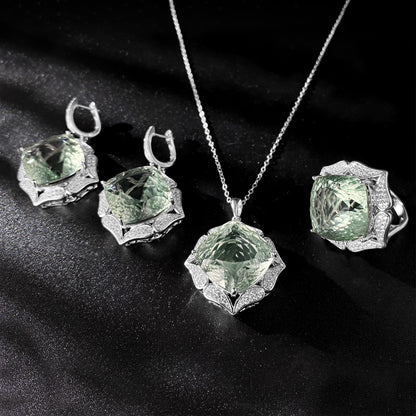 Luxury Sweater Chain Femininity S925 Silver Set Large Natural Green Crystal Pendant High-grade Jewelry
